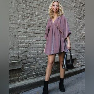 FREE PEOPLE Portia Velvet Pink Winter Bloom Babydoll Balloon Sleeve Romantic NWT
